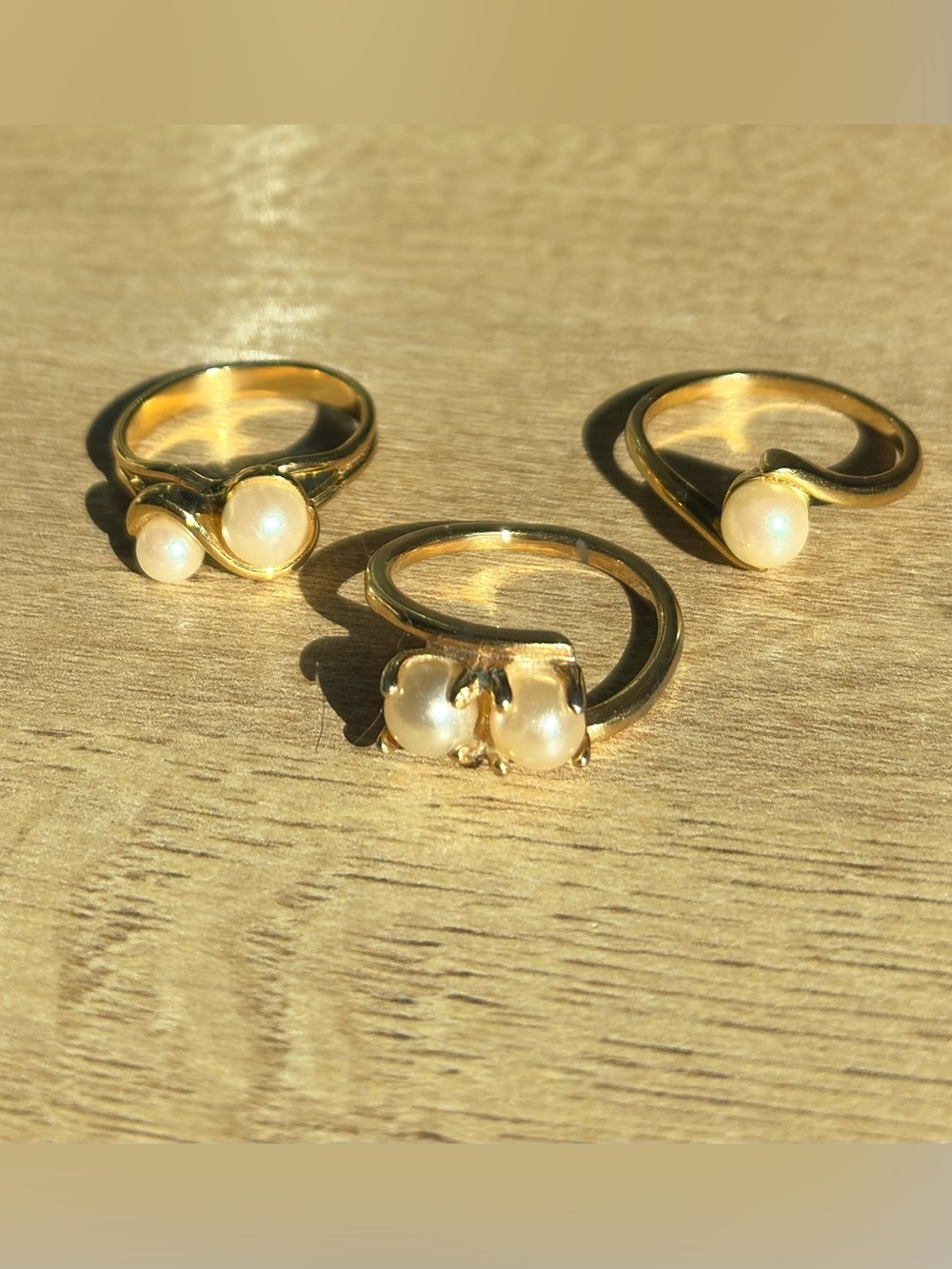 Set of 3 Gold Pearl Accent Rings - Women Jewelry